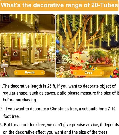 EAGWELL Outdoor Christmas Lights 16 Inch 20 Tubes Meteor Shower, Warm White Falling Rain Drop Icicle String Lights, Cascading Snow Effect Waterproof Xmas Decor for Tree Wedding Party Garden Holiday