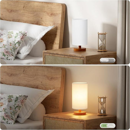 Fenmzee Small Table Lamp for Bedroom - Inline Control, Bedside Lamp with 3000K A15 LED Blub, Easy Assembly (White Shade - Walnut Base, 9" Inline Control)