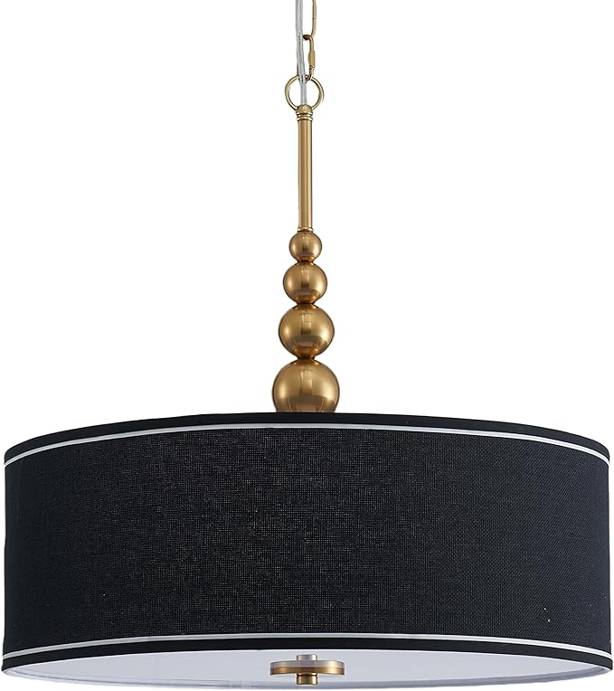Shrine Lighting Drum Chandeliers, Farmhouse Style, Perfect Drum Pendant Light for Dining Room, D20'' x H7'', Adjustable Chains 59'', E26*3 Sockets, Black Linen Fabric Lampshade & Gold Rod