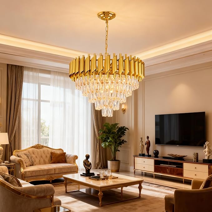 Modern Gold Crystal Chandelier Round Hanging 12-Light E12 Base Elegant Pendant Lighting for Foyer Bedroom Dining Room Kitchen Island 60CM