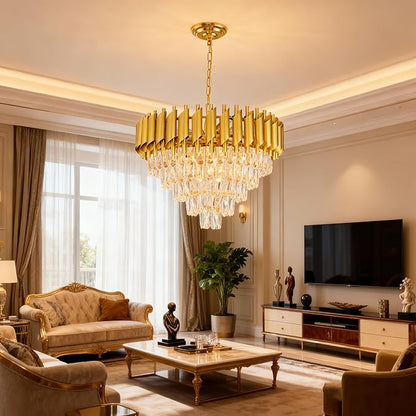 Modern Gold Crystal Chandelier Round Hanging 12-Light E12 Base Elegant Pendant Lighting for Foyer Bedroom Dining Room Kitchen Island 60CM