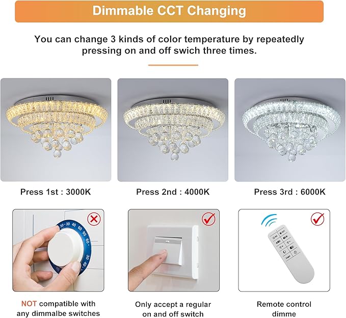 Miuyhji Elegant LED Crystal Raindrop Ceiling Light,20" Flush Mount Chandelier Light Fixture with Remote Control for Living Room Kitchen Island Bathroom Bedroom Hallway Entryway(Dimmable)