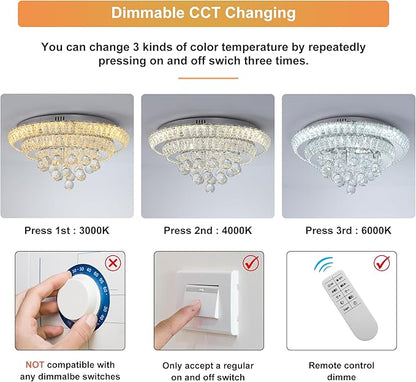Miuyhji Elegant LED Crystal Raindrop Ceiling Light,20" Flush Mount Chandelier Light Fixture with Remote Control for Living Room Kitchen Island Bathroom Bedroom Hallway Entryway(Dimmable)
