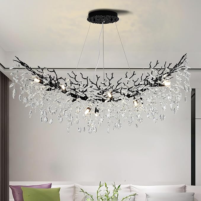 Modern Crystal Tree Branches Chandelier, 47.5in Black 12 Lights Large Ceiling Hanging Light for Dining Room, Arc Raindrop Pendant Light Fixture