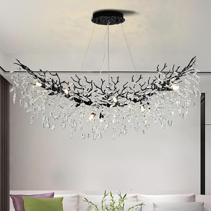 Modern Crystal Tree Branches Chandelier, 47.5in Black 12 Lights Large Ceiling Hanging Light for Dining Room, Arc Raindrop Pendant Light Fixture