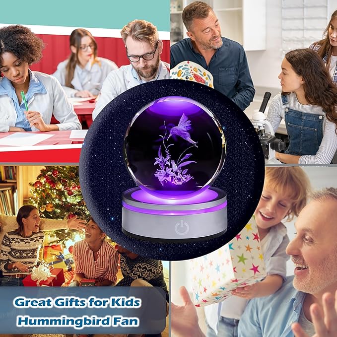 Hummingbird Gifts, 3D Hummingbird 3.15 Inch (80mm) Crystal Ball Lamp with Battery Powered, RGB Color Light for Birthday Xmas Cool Upgraded Bird Figurines Gifts for Room Decor Boys Girls