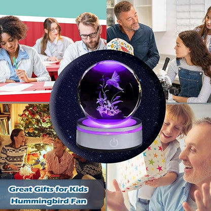 Hummingbird Gifts, 3D Hummingbird 3.15 Inch (80mm) Crystal Ball Lamp with Battery Powered, RGB Color Light for Birthday Xmas Cool Upgraded Bird Figurines Gifts for Room Decor Boys Girls