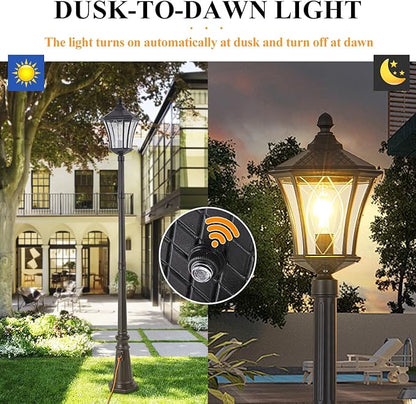 Outdoor Lamp Post Lights with Outlet, Dusk to Dawn Pole Lamp with Patterned Glass, Aluminum Waterproof Outside Street Light with Plug, Hardwired Black Light Pole for Backyard, Garden, Driveway