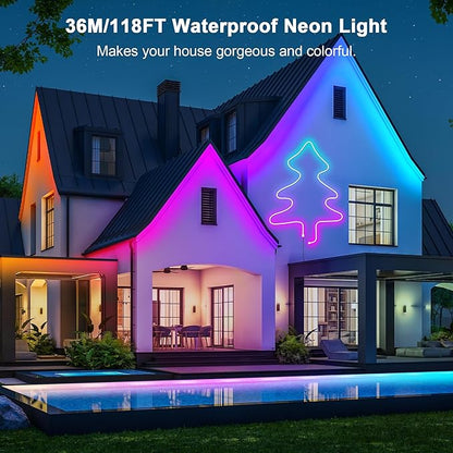 Cozylady RGB Neon LED Rope Lights, Waterproof Bluetooth APP Remote Control Music Sync Strip Lights, 24V Flexible DIY Silicone Light for Bedroom Home Indoor Outdoor Decor (36M/120Ft)