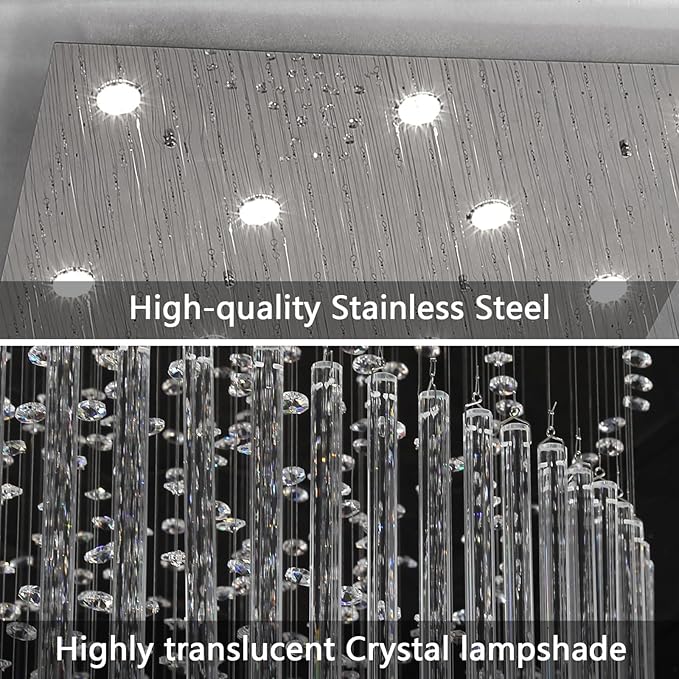 HAIXIANG W40 x H120 Glam Chandelier with LED Bulbs Square Chandeliers, Crystal Raindrop High Ceiling Pendant Light for Entrance Large Villa Chandelier Foyer Lighting Fixtures Silver