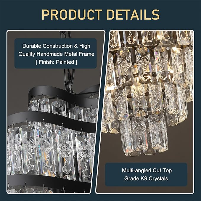 7-Tier 12 Lights Black Crystal Chandelier 20" Modern K9 Crystal Pendant Chandelier Light Fixture Luxury for Living Room Dining Room Bedroom Kitchen Foyer Entryway, E12