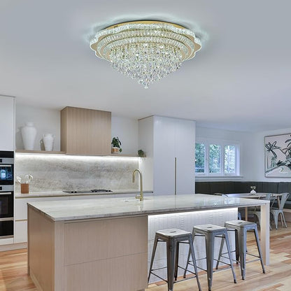 Gold LED Crystal Ceiling Light for Living Room, 40" Modern Large Flush Mount Chandelier with K9 Crystal Raindrop,Elegant Lighting Fixture with Remote Control for Hallway Dinning Room