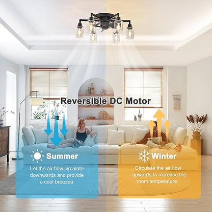 Garwarm 26.4" Ceiling Fans with Lights, Black Flush Mount Ceiling Fan with Lights Remote Control,Low Profile Bladeless Ceiling Fan Light Fixture for Bedroom, Kitchen, Dining Room