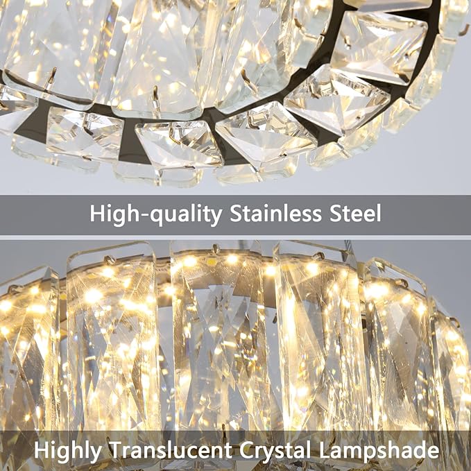HAIXIANG Modern Crystal Chandelier Dimmable LED 8 Inch Ring Pendant Lights Adjustable Glam Chandeliers Lighting Fixtures for Dining Room Living Room Bedroom Black Light