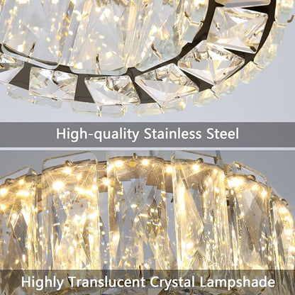 HAIXIANG Modern Crystal Chandelier Dimmable LED 8 Inch Ring Pendant Lights Adjustable Glam Chandeliers Lighting Fixtures for Dining Room Living Room Bedroom Black Light