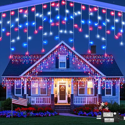 66ft 640LED Red White and Blue Lights for Christmas Decorations Outdoor Icicle Lights for Outside, Clear Wire Connectable Twinkle Light for House Party Holiday Patio Yard