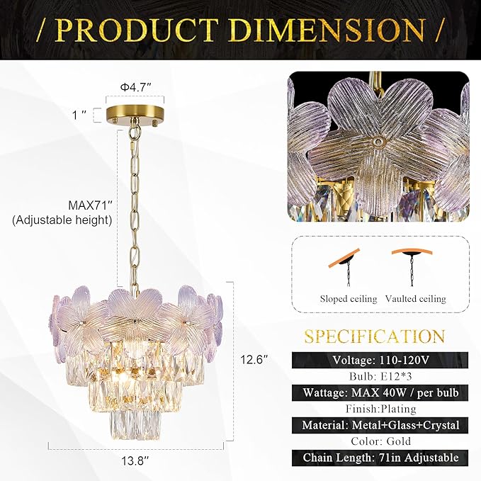 Modern Purple Flower Elegant Chandeliers 3-Lights 14" K9 Crystal Luxury Gold Chandelier Lighting 4 Tiers Small Ceiling Pendant Light Fixture for Dining Room Kitchen Island Entryway Bedroom