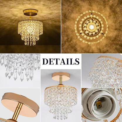 Mini Crystal Chandelier 3-Tier Raindrop Semi Flush Mount Ceiling Light Fixture Crystal Chandeliers for Bedroom Kitchen Hallway Bathroom Closet (Gold)