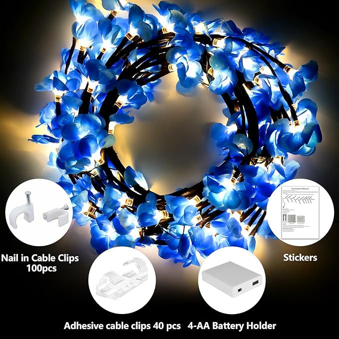 FNHMSL Cherry Enchanted Willow Vine Lights, 7.55FT 144LED Blue Cherry Blossom Tree Branch Lights for Wall, Remote Timer,8 Light Model,Bedroom Wall Doors Wedding, Christmas, USB Battery Box