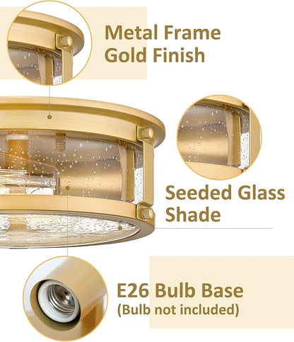 Flush Mount Ceiling Light Fixture, 2 - Lights Farmhouse Ceiling Light, Industrial Seeded Glass Light Fixtures with Metal Cage for Hallway Porch Corridor Kitchen Bathroom Bedroom Passway - Gold