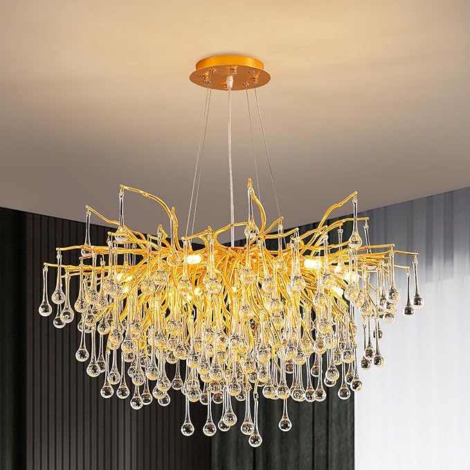 Modern Crystal Raindrop Chandelier, Gold Round Art Deco Tree Branch Lighting Fixture for Dining Room Living Room Foyer 13 Lights D31.5''