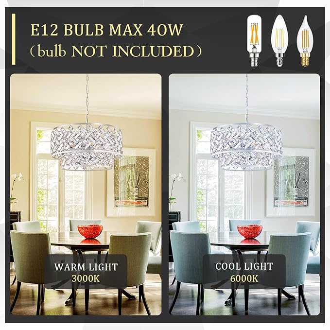 20'' Modern 6-Light Chrome Crystal Pendant Chandelier, Luxury Round Semi Flush Mount Ceiling Light for Living Room, Dining Room, Kitchen, Foyer, Bedroom