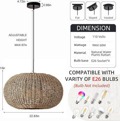 22.83in Large Rattan Chandelier Boho Wicker Hand Woven Pendant Light Farmhouse Ceiling Hanging Lighting Fixture for Living Room Kitchen Island Dining Room Hallway, 4-Lights
