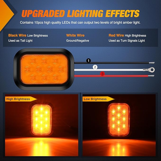 Nilight 5” X 3” Rectangular Trailer Tail Light 2 PCS Amber 10 LED Turn Signal Lights IP67 Waterproof w/Flush Mount Grommets Plugs for 12V Truck ATV UTV Bus RV Camper