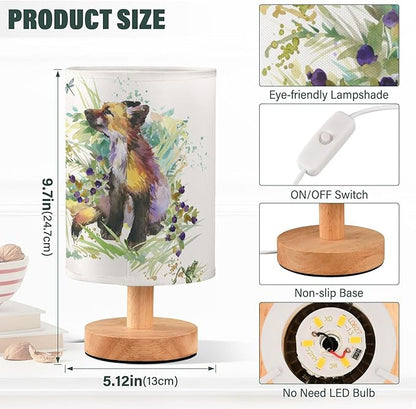 Table Lamp Fox Animal Dragonfly Frog in Floral Grass Woodland Nightstand Lamp with Wood Base Fabric Lamp Shade Bedside Desk Lamp for Living Room Bedroom Kids Room Office