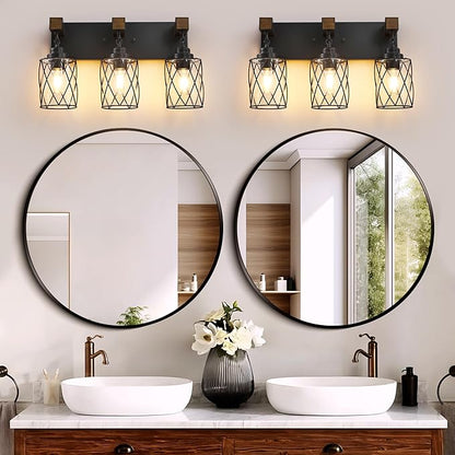Farmhouse Bathroom Light Fixtures, 3 Light Bathroom Vanity Light with Metal and Glass Lampshade, Wood Rustic Lighting Fixtures Over Mirror, Black Wall Sconces for Living Room, Bedroom