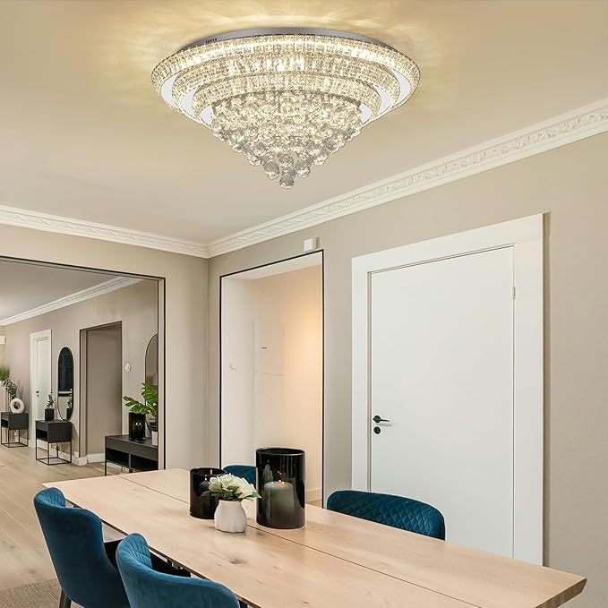 COCOSTAR 30" Crystal Chandeliers, Flush Mount Chandelier LED Ceiling Light, Modern Crystal Raindrop Chandeliers for Dining Room, Living Room, Bedroom