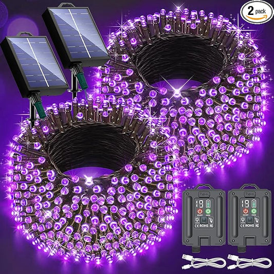 New Upgraded Purple Solar String Lights Outdoor 2 Pack Total 144FT 400LED Solar & USB Rechargeable 19 Mode Solar Halloween Lights for Outside Yard Patio Garden Party Xmas Halloween Decorations, Purple