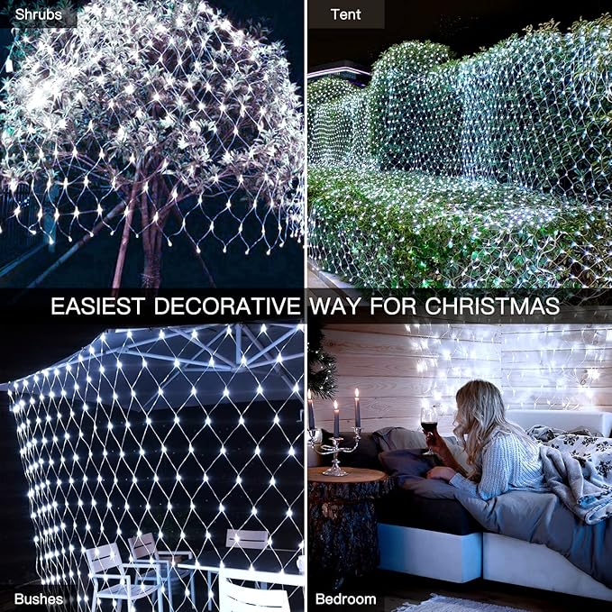 Ollny Net Lights Outdoor Mesh Lights IP67 Waterproof, 210LED 10x7ft Cool White Christmas Net Lights, Connectable Remote 8 Modes Tree Light for Bushes Shrubs Lawn Indoor Decorations