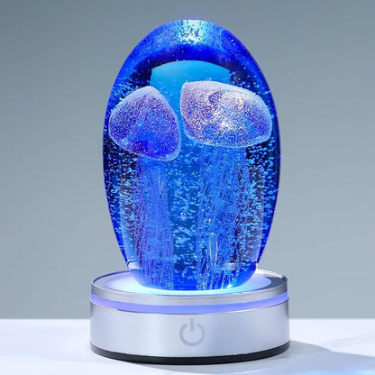 Hand Blown Glass Jellyfish Lamp - Ocean Themed Crystal Ball Desk Decor with LED Light, Aquarium & Beach Room Decoration, Collectible Figurine Paperweight Gift for Women (Blue)