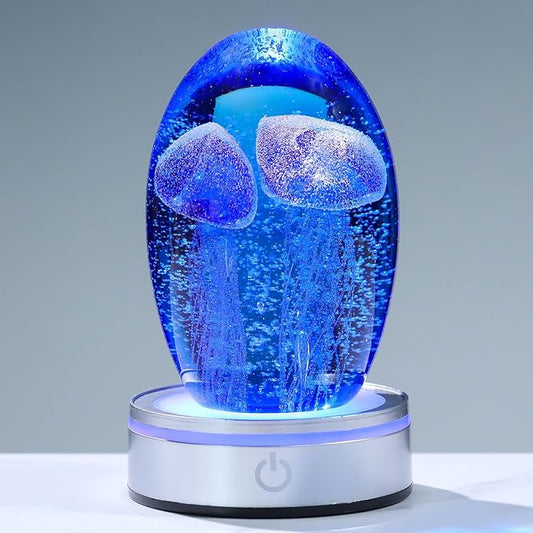 Hand Blown Glass Jellyfish Lamp - Ocean Themed Crystal Ball Desk Decor with LED Light, Aquarium & Beach Room Decoration, Collectible Figurine Paperweight Gift for Women (Blue)