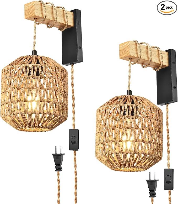 Boho Hanging Wall Light Plug in,Vintage Farmhouse Wall Sconces Set of Two with Rattan Shade for Bedroom Living Room-Black