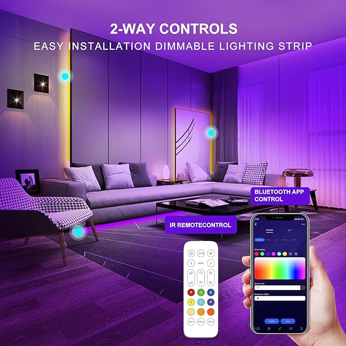 Pandery RGB COB LED Strip Light with Remote and app Control,Music Synchronized Color Change 24V RGB led Strip,6.56FT/2M,10mm Wide,Indoor RGB Lights for Bedroom,Game Room,Bar,Party