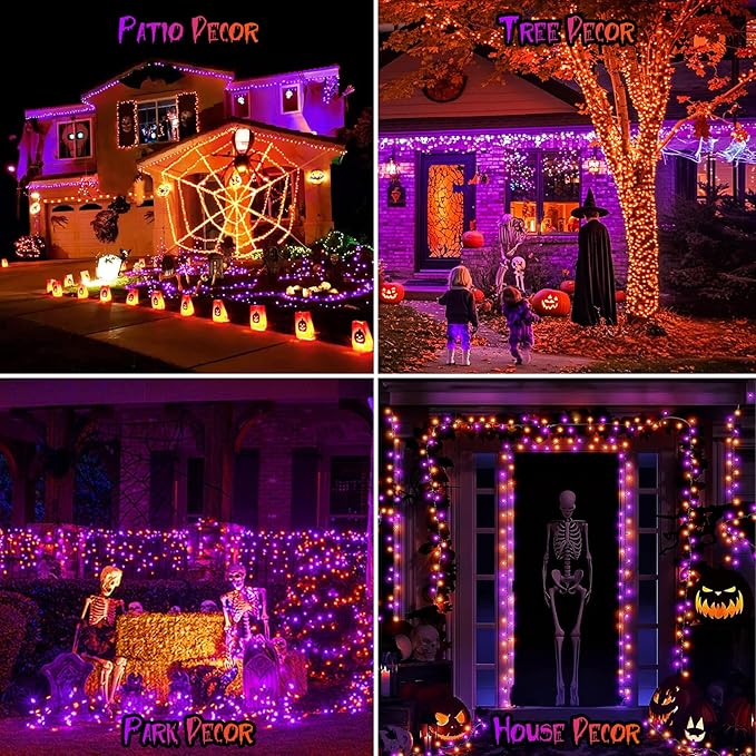 FairyGlim Purple&Orange Halloween Lights, 33FT 100 LED Outdoor String Light with Timer & 8 Modes, 3AA Battery Operated Waterproof String Light for Outdoor and Indoor Halloween Decor
