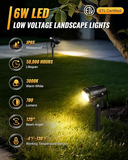 6W 700LM Low Voltage Landscape Lighting, 12V AC/DC 3000K Warm White LED Low Voltage Landscape Lights, IP65 Waterproof Outdoor Spotlights with Connectors for Garden Tree Yard 2 Pack W01SLP206