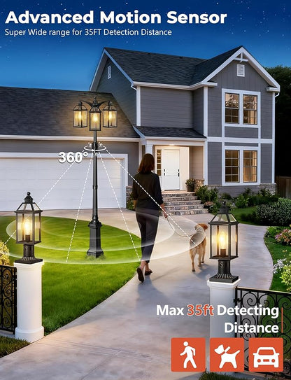 Outdoor Lamp Post Motion Sensor with Outlet, Dusk to Dawn Pole Lights 3-Head, Classic Black 360°Detection Waterproof Anti-Rust Aluminum Street Lighting for Yard Backyard Patio Driveway