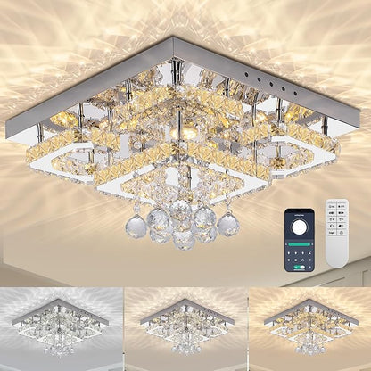 18 inch Flush Mount Chandelier Crystal Ceiling Light with Remote Control/APP,3CCT Dimmable&Brightness Adjustable, Modern Crystal Raindrop Silver Chandeliers for Bedroom Hallway Dinning Room LivingRoom