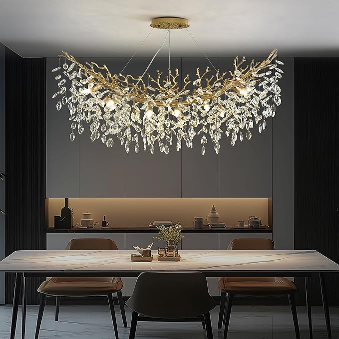 Rectangle Crystal Tree Branch Chandelier, L40'' Modern Luxury Gold Linear Art Deco Raindrop Pendant Lighting Fixture for Kitchen Island Foyer Living Room Dining Room 10 Lights