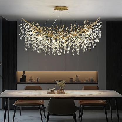 Rectangle Crystal Tree Branch Chandelier, L47.3'' Modern Luxury Gold Linear Art Deco Raindrop Pendant Lighting Fixture for Kitchen Island Foyer Living Room Dining Room 12 Lights