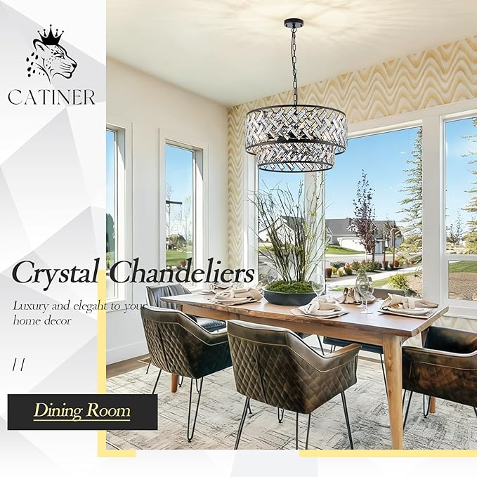 CATINER Black Crystal Chandelier, 8-Light Drum Semi Flush Mount Ceiling Light, 24'' Modern Crystal Pendant Chandelier for Dining Room, Living Room, Bedroom, Kitchen, Foyer