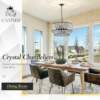 CATINER Black Crystal Chandelier, 8-Light Drum Semi Flush Mount Ceiling Light, 24'' Modern Crystal Pendant Chandelier for Dining Room, Living Room, Bedroom, Kitchen, Foyer