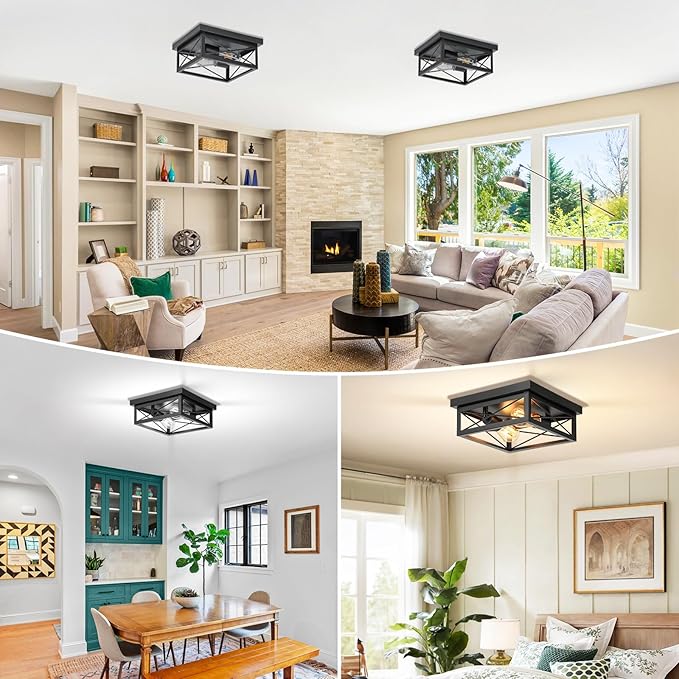 Kondras 2-Light Farmhouse Ceiling Light Fixture, Industrial Square Flush Mount Ceiling Light, Modern Black Metal Hallway Ceiling Lighting Fixture for Kitchen Entryway Living Room Bathroom Porch