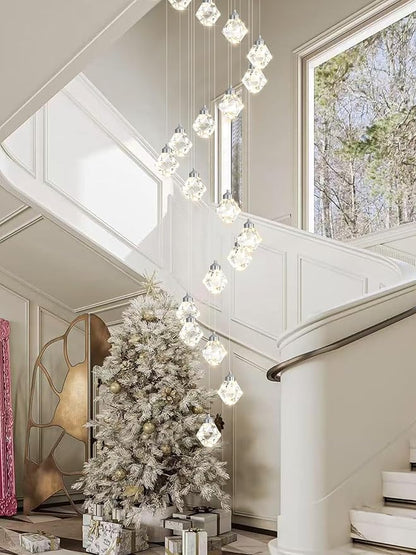 H142in Modern Crystal Chandeliers Large Chandeliers for High Ceiling Chrome Pendant Light Fixture 26-Lights Large Pendant Light for Staircase Living Room Hallway Entryway