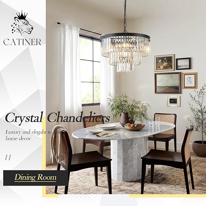 CATINER Black Crystal Chandeliers, 20” Modern Chandeliers for Dining Room 3 Tiers 7 Lights Luxury K9 Crystal Ceiling Pendant Round Light Fixture for Foyer Kitchen Bedroom Closet