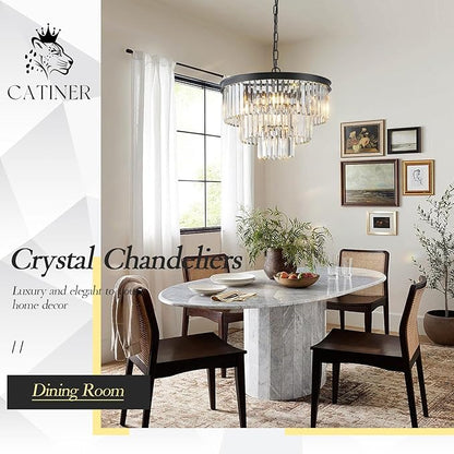 CATINER Black Crystal Chandeliers, 20” Modern Chandeliers for Dining Room 3 Tiers 7 Lights Luxury K9 Crystal Ceiling Pendant Round Light Fixture for Foyer Kitchen Bedroom Closet