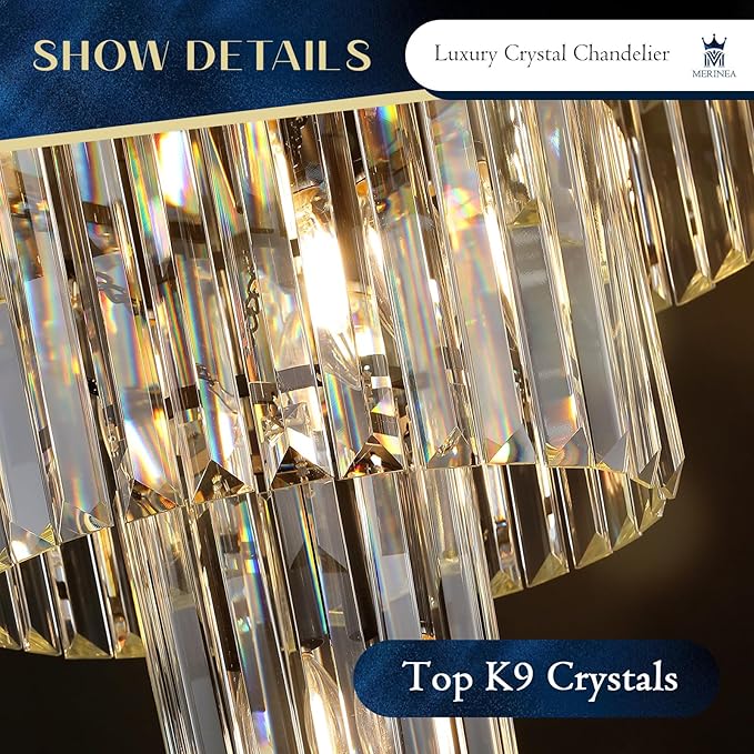 Black Crystal Chandeliers 12 Lights Luxury 24" Round Chandelier 4-Tier Modern Ceiling Pendant Light Fixture K9 Crystal Lighting for Living Room Dining Room Staircase Foyer